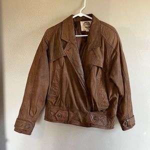 [G-III Global Identity] Vintage Brown Bomber Leather Jacket-Medium